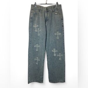 Vintage Deadstock Hip Hop Baggy Wide Leg‎ Applique Cross Streetwear Jeans 2XL
